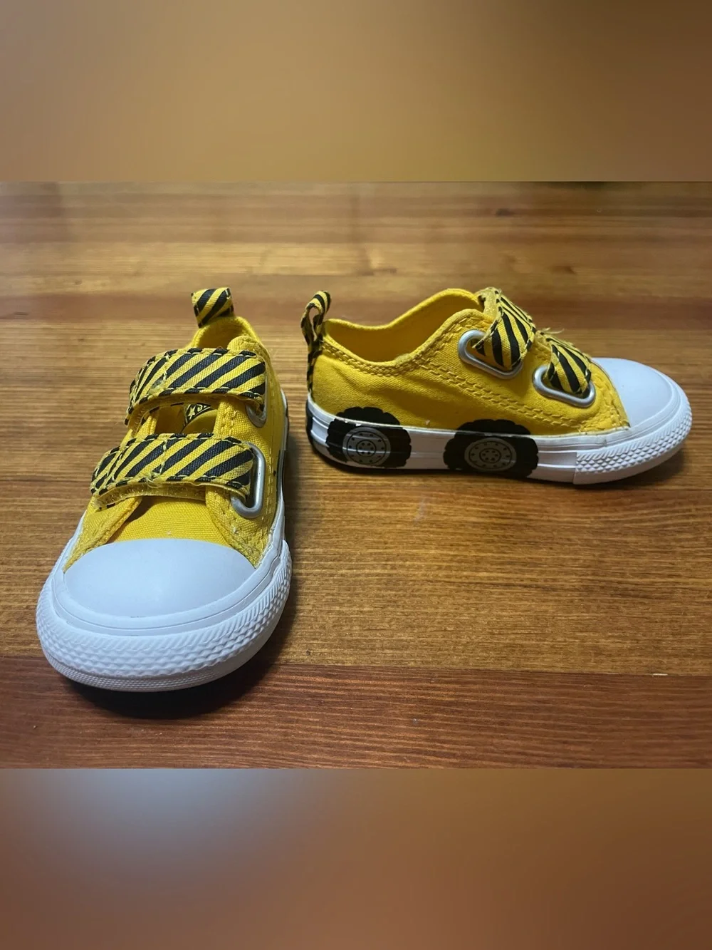 Converse Toddler Yellow Construction Truck Sneakers with Black Striped Velcro 5